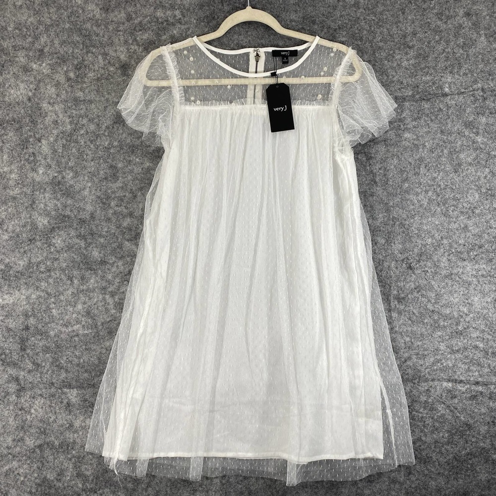 NWT Very J Dress Small White Embellished Mesh Babydoll Mini Short Sleeve A-Line - Picture 2 of 10